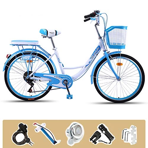 Comfort Bike : GHH 26" Women's Bicycle, 6 Speed Adult commuter bike, With Flashlight, Inflator, installation tool Basket, lock, blue