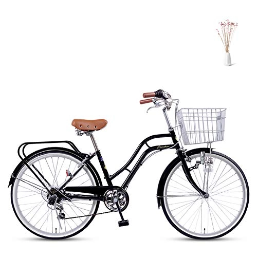 Comfort Bike : GHH Adult commuter bike 24" Retro 6 speed Work Bicycle Classic Traditional Carbon steel frame With Basket tools, Black