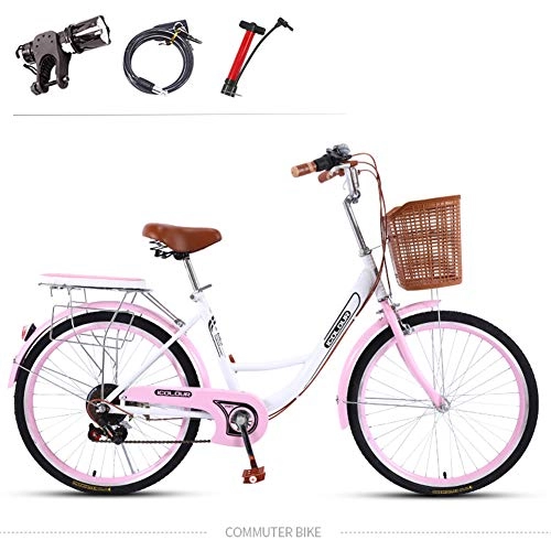 Comfort Bike : GHH Bike 7 Speed 26" City leisure Bicycle / Adult commuter bike Pink With Basket Flashlight, Inflator, installation tool, lock