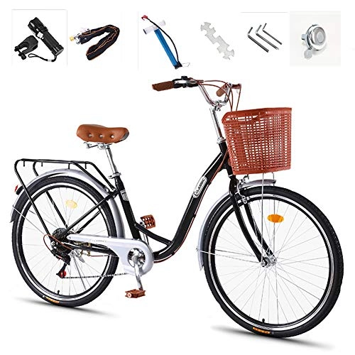 Comfort Bike : GHH Lightweight 26" City leisure Bicycle, 7 Speed Adult bike, Ladies Bike & Basket Flashlight, Inflator, Anti-theft lock, Silver Black