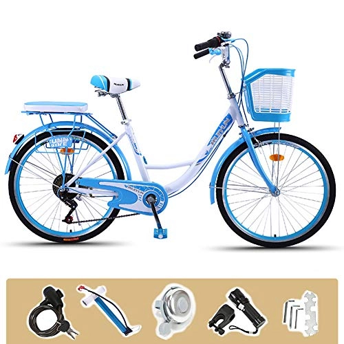 Comfort Bike : GHH Stylish Ladies bike 24", 6 Speed City leisure Bicycle, With lock Basket Flashlight, Inflator, installation tool, blue