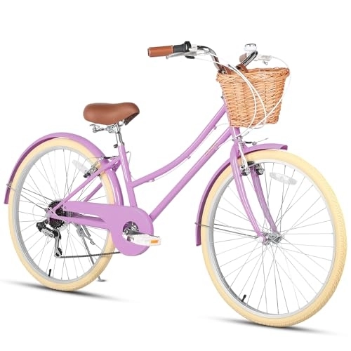 Comfort Bike : Glerc Missy 26" inch Girl Cruiser Youth Teen Woman Bike Shimano 6-Speed Teen Hybrid City Bicycle for Youth Ages 14 15 16 17 18 19 20 Years Old with Wicker Basket & Lightweight, Purple