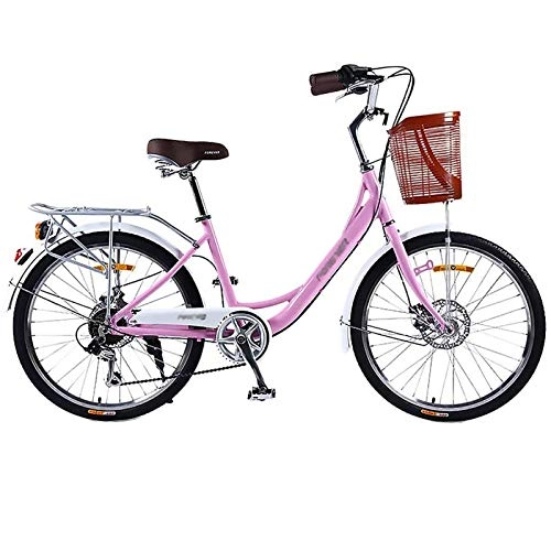 Comfort Bike : GOLDGOD 24 Inches 7 Speeds City Bike Leisure Cruiser Bikes with Basket And Double Disc Brake Vintage Design City Bicycle Adjustable Seat And Handlebar Height, Pink