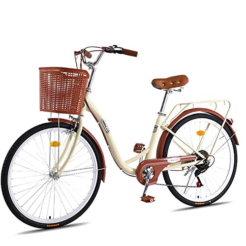 Comfort Bike : GOLDGOD 24" Wheel 7 Speed Girls City Bike with Basket Retro Design Cruiser Bikes with Rear Shelf Lightweight City Bicycle High Carbon Steel Frame And Anti-Skid Tires