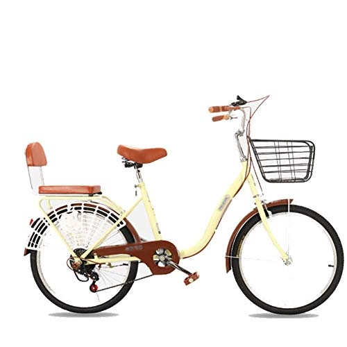 Comfort Bike : GOLDGOD Classic Retro Women's Cruiser Bikes Comfortable 22 Inches City Bicycle with Front Basket And Rear Shelf Double Brake 6-Speed City Bike for Adults 4.43-5.25 Feet, Beige