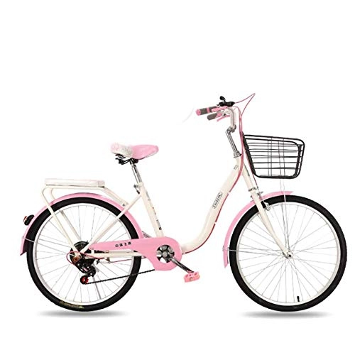 Comfort Bike : GOLDGOD Classic Retro Women's Cruiser Bikes Comfortable 22 Inches City Bicycle with Front Basket And Rear Shelf Double Brake 6-Speed City Bike for Adults 4.43-5.25 Feet, Pink
