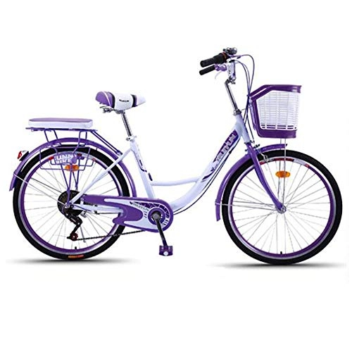 Comfort Bike : GOLDGOD Cruiser Bike, High Carbon Steel Outdoor City Comfort Bike with Basket Classic Women's Beach Dutch Style Retro road bike Aluminum Alloy Rim Bicycle, Purple, 24inch