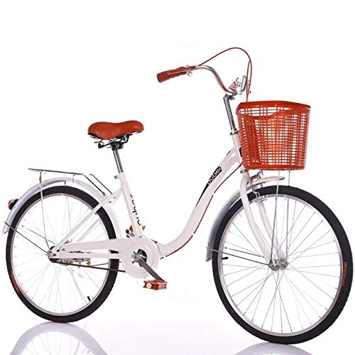 Comfort Bike : GOLDGOD Cruiser Bikes for Woman, Lightweight Leisure Commuter City Bike 24 Inches Vintage Design City Bicycle with Basket And Taillight Steel Frame And Dual Brakes