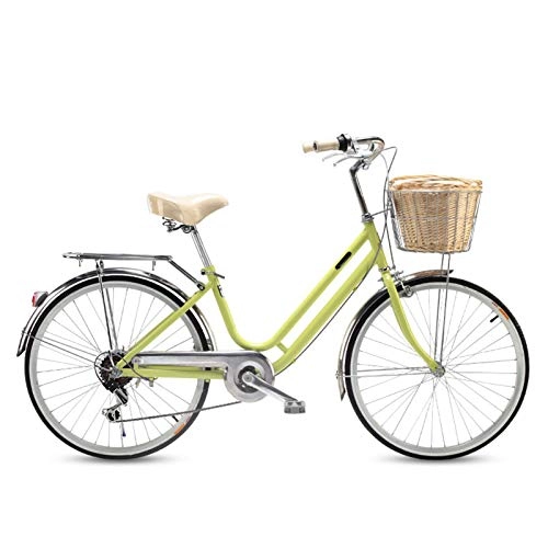 Comfort Bike : GOLDGOD Ladies 6-Speed 24 Inches Cruiser Bikes Lightweight Comfortable City Bicycle with Bicycle Basket And Rear Shelf City Bike High Carbon Steel Frame, Yellow