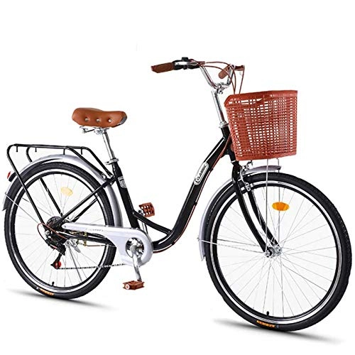 Comfort Bike : GOLDGOD Leisure Lightweight Cruiser Bikes 7-Speed Ladies City Bike with Bicycle Basket And Rear Shelf High Carbon Steel Frame City Bicycle with Wear-Resistant Tires, 26 inch