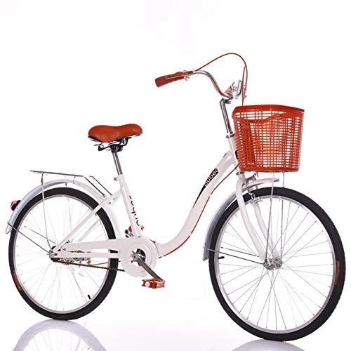 Comfort Bike : GOLDGOD Lightweight Cruiser Bikes 24 Inch Woman's City Bike with Bicycle Basket And Rear Shelf Vintage Design City Bicycle with Steel Frame And Dual Brakes, White