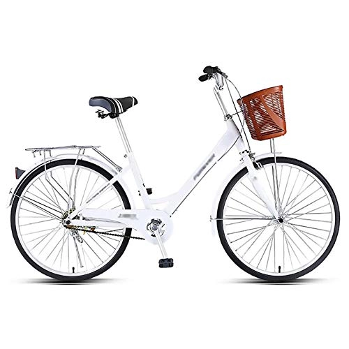 Comfort Bike : GOLDGOD Single-Speed City Bike 24 Inch Comfort Cruiser Bikes with Basket And Double Brake Lightweight Road City Bike Adjustable Seat And Handlebar Height, White