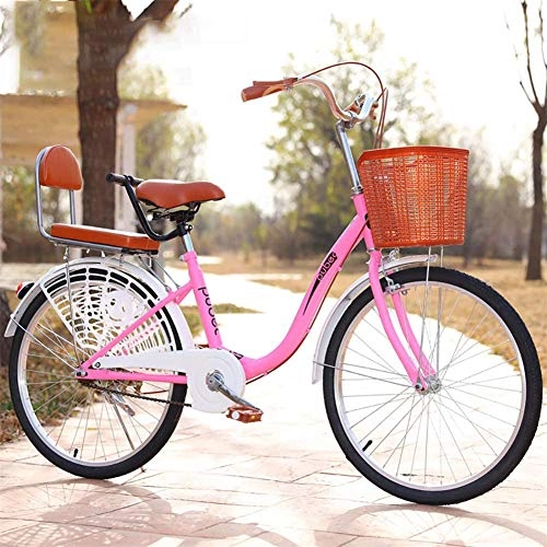 Comfort Bike : GOLDGOD Urban Commuter Bike, 24 Inch Retro Bicycle Single Speed Retro Bike Women's Comfort Cruiser Bike with Basket And Adjustable Seat The Park Touring City Road Bicycle, Pink, 24inch