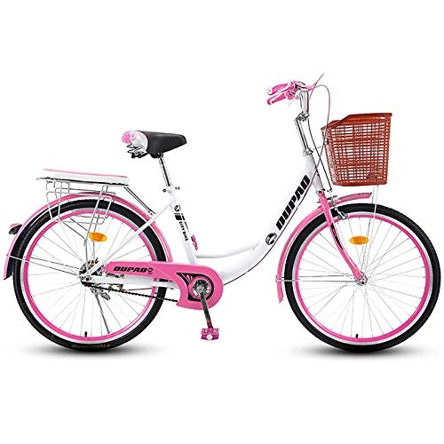 Comfort Bike : GOLDGOD Vintage Classic City Bike 26 Inch Woman's Cruiser Bikes with Shopping Basket And Double Brake Road City Bike for 160-180CM Adult Man Woman, Pink
