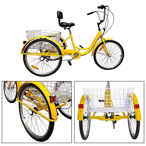 Comfort Bike : Gpzj 7-Speed 24" Adult Tricycle, 3 Wheel Bike Trike Cruise Bike with Bell Brake System and Basket Cruiser Bicycles Size for Recreation, Shopping, Exercise (Yellow)