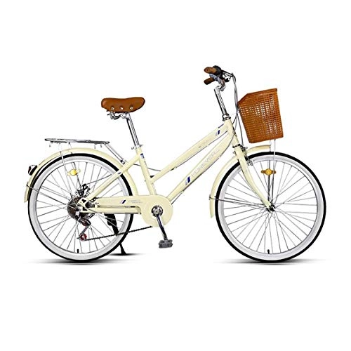 Comfort Bike : Guyuexuan Bicycle, Women's 24 Inch 6-speed Bicycle, Student Adult Leisure Bicycle, City Commuter, The latest style, simple design (Color : Beige, Edition : 6 speed)