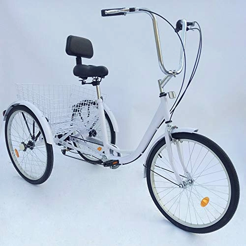 Comfort Bike : HaroldDol 24" 3 Wheel Adult Tricycle 6 Speed Bicycle Black / White, Shopping Basket Trike Tricycle Pedal Cycling Bike, for Shopping Outdoor Picnic Sports (White)
