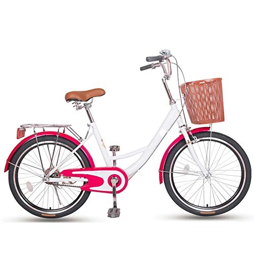 Comfort Bike : HELIn 24 Inch Bike Bicycle for Women Retro Frame Adult City Leisure Bicycle Road Bikes Bikes Bicycle For Retro Frame Adult Bike With Basket (Color : Pink)