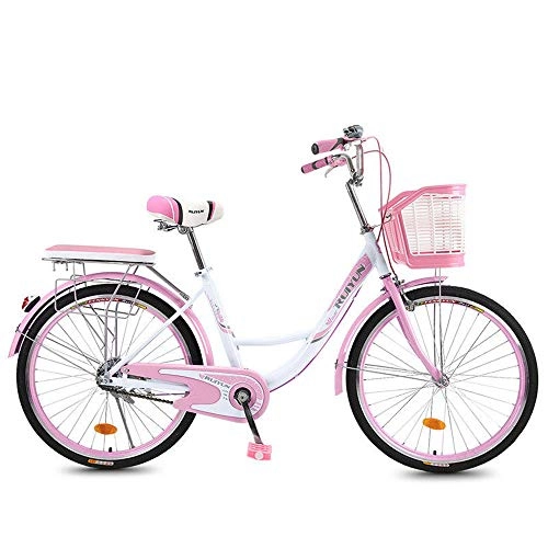 Comfort Bike : JHKGY Adult Male And Female Student Light Commuter Cars, Beach Cruiser Bike, High-Carbon Steel Frame, Front Basket & Rear Racks, pink, 24 inch