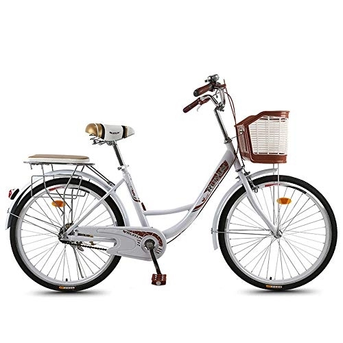 Comfort Bike : JHKGY Adult Male And Female Student Light Commuter Cars, Beach Cruiser Bike, High-Carbon Steel Frame, Front Basket & Rear Racks, white, 26 inch