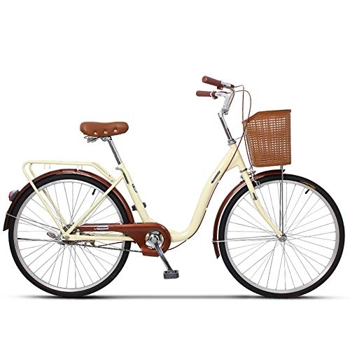 Comfort Bike : JHKGY Classic Bicycle, with Shopping Basket, for Seniors, Men Unisex, Single-Speed Carbon Steel Bike Frame, Retro Bicycle Unique Art Deco Scooter, beige, 26 inch