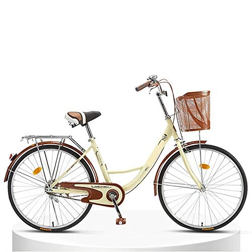 Comfort Bike : JHKGY Comfortable Commuter Bicycle, Single Speed Beach Cruiser Bike, Lightweight Retro Bike, Urban Commuter Car for Adult Students, High-Carbon Steel Frame, Front Basket, Rear Racks, beige, 26 inch
