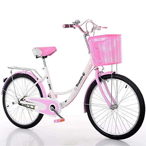 Comfort Bike : JHKGY Cruiser Bike, Comfort Commuter Bike, Carbon Steel Bike Frame, with Shopping Basket, for Seniors, Men Unisex, Pink, 22 inch