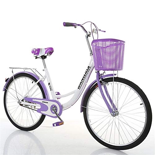 Comfort Bike : JHKGY Cruiser Bike, Comfort Commuter Bike, Carbon Steel Bike Frame, with Shopping Basket, for Seniors, Men Unisex, purple, 24 inch