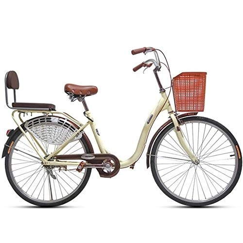 Comfort Bike : JHKGY Male And Female Students Commuting Bicycles, Around The Block Single-Speed Beach Cruiser Bicycle, with Shopping Basket, for Seniors, Men Unisex, beige, 24 inch
