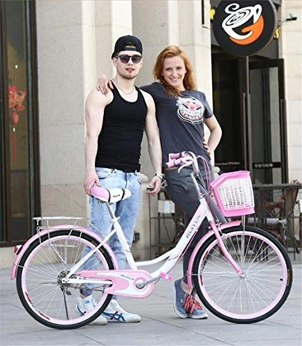 Comfort Bike : JHKGY Single-Speed Beach Cruiser Bicycle, Single-Speed Carbon Steel Bike Frame, Classic Bicycle, with Shopping Basket, for Seniors, Men Unisex, Pink, 24 inch