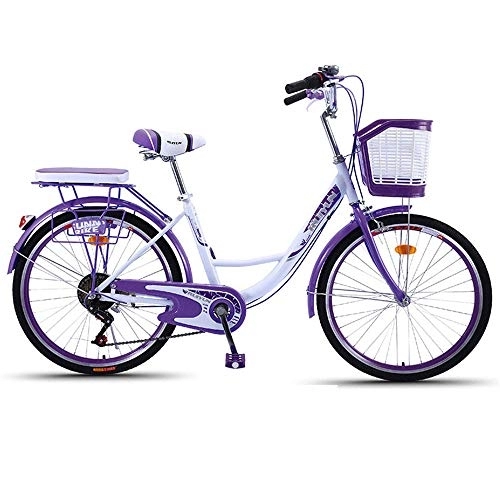 Comfort Bike : JHKGY Single-Speed Beach Cruiser Bicycle, Single-Speed Carbon Steel Bike Frame, Classic Bicycle, with Shopping Basket, for Seniors, Men Unisex, purple, 26 inch