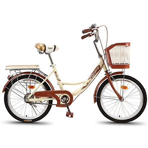 Comfort Bike : JHKGY Single Speed Beach Cruiser Bike, Male And Female Students Commuting Bicycles, High-Carbon Steel Frame, Front Basket & Bell, Rear Racks, beige, 20 inch
