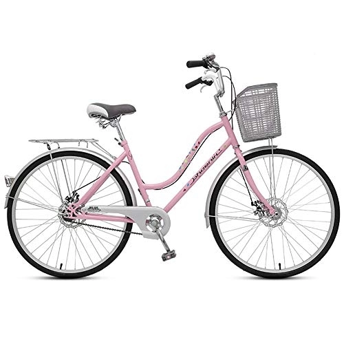 Comfort Bike : JHKGY Single Speed Comfort Bikes for Men Women, Single Speed Beach Cruiser Bike, Comfortable Commuter Bicycle, High-Carbon Steel Frame, Front Basket & Rear Racks, Pink, 26 inch