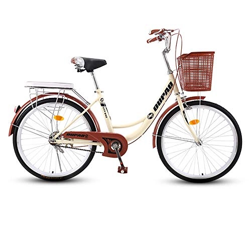 Comfort Bike : JHKGY Urban Commuter Retro Bicycle, Single Speed Beach Cruiser Bike for Adults, Teens, High-Carbon Steel Frame, Front Basket, Rear Racks, beige, 24 inch