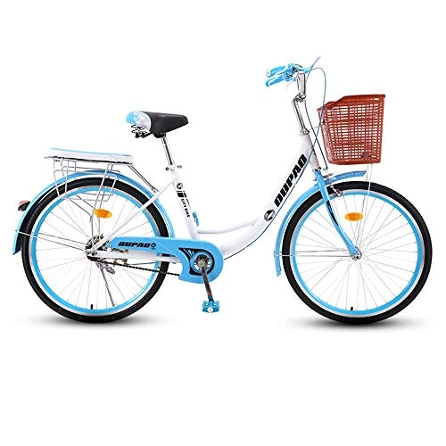 Comfort Bike : JHKGY Urban Commuter Retro Bicycle, Single Speed Beach Cruiser Bike for Adults, Teens, High-Carbon Steel Frame, Front Basket, Rear Racks, blue, 24 inch