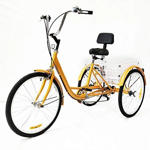 Comfort Bike : KAHE2016 24" 6 Speed 3 Wheel Adult Tricycle Adult Bicycle Cycling Pedal Bike with White Basket for Outdoor Sports Shopping (Yellow)