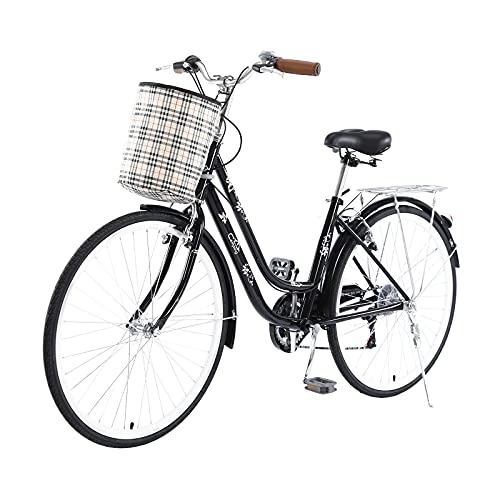 Comfort Bike : Kcelarec 26 Inch Women's Cruiser Bike, Classic High-Carbon Steel Commuter Bicycle, Retro Bicycle, Road Bike, Beach Cruiser Bicycle with Canvas Basket (Black)