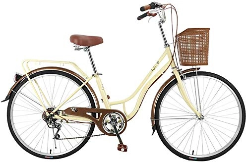 Comfort Bike : KKKLLL Bicycle High Carbon Steel Frame Portable Shifting Bicycle Ivory White 24 Inch 26 Inch 7 Speed