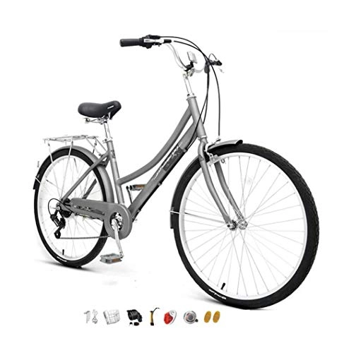 Comfort Bike : Ladies bicycles, light bicycle 26 inch city bike 7 speed with folding basket, adult bicycle comfortable aluminum alloy frame, retro bikes classic (gift: pump, lock) gray 26