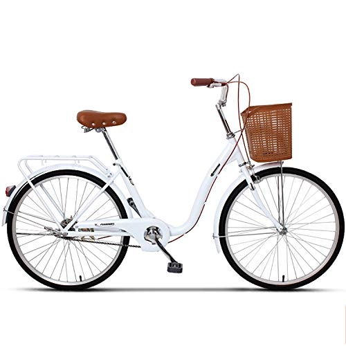 Comfort Bike : Ladies Bike, Cruiser Bike Vintage Classic Bike with Bike Basket Retro Leisure Urban Road Aluminum Frame Drivetrains for Women's And Men's Bicycle Dutch Bike, White, 24