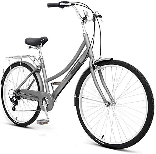 Comfort Bike : LHY 7-Speed Urban City Commuter Bicycle with Foldable Basket, 26-Inch Retro Variable speed Shimano Drivetrain Comfort Cruiser Bike for Men & Women Hybrid Vintage Dutch Student Bikes, Silver