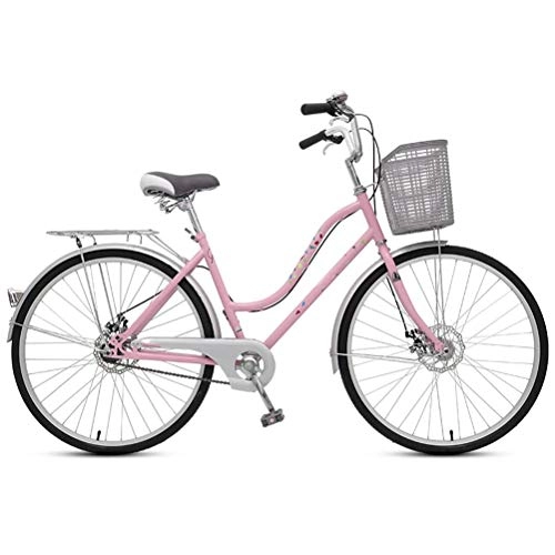 Comfort Bike : MC.PIG 24" City Leisure Bicycle Adults-High Carbon Steel Frame Commuter Ladies Bike Basket Dutch Style Mens Women City Bicycle, Lightweight Adult City Bicycle (Color : Pink, Size : 24)