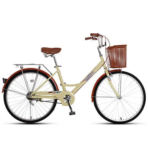 Comfort Bike : MC.PIG Lady Classic Bike With Basket -24-Inch Single Speed Comfortable Adult Portable Student Male Bicycle Folding Bicycle Cruiser Bike for City Riding and Commuting (Color : Beige)