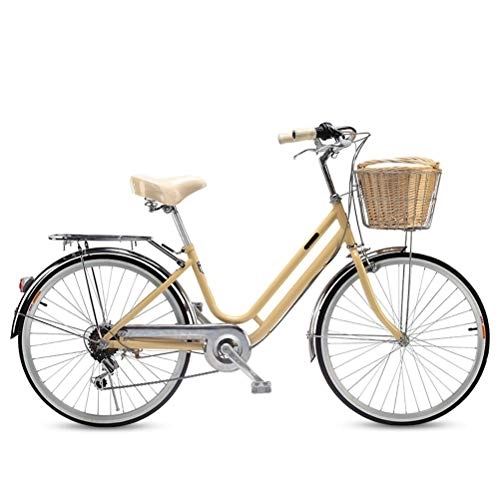 Comfort Bike : MC.PIG Lady Classic Bike With Basket -Unisex Classic Iron Bicycle Retro Bicycle Unique Art Deco Scooter, Shopping Scooter Bike, Seaside Travel Bicycle, 6 Speed, 24-Inch Wheels (Color : Beige)