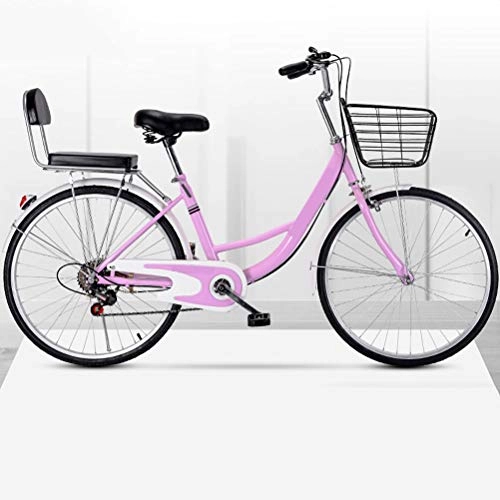 Comfort Bike : MC.PIG Urban Commuter Bike-Single Speed Comfort Adult Road Bike | Led Bike Light Coaster Rear Brake Bell & Basket Men & Women Bicycle (Color : Pink, Size : 26 inches)