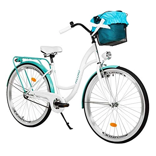 Comfort Bike : Milord. 26 inch 1 Speed White Teal City Comofrt Bike Ladies Dutch Style with Rear Carrier and Basket
