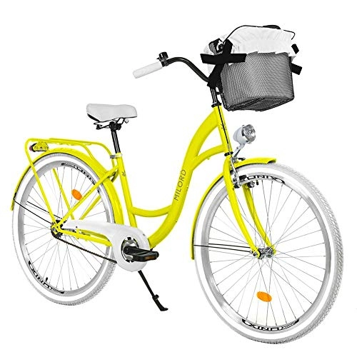 Comfort Bike : Milord. 28 inch 1 Speed Yellow City Comofrt Bike Ladies Dutch Style with Rear Carrier and Basket