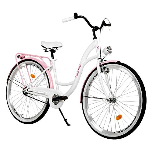 Comfort Bike : Milord. 28 inch 3 Speed White Pink City Comofrt Bike Ladies Dutch Style with Rear Carrier