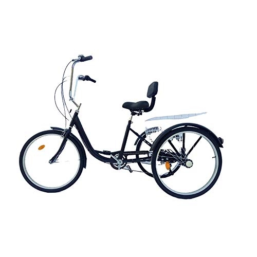 Comfort Bike : MINUS ONE 24" 6 Speed Adult 3 Wheel Tricycle, Adult Bicycle Cycling Pedal Bike with White Basket for Outdoor Sports Shopping Adjustable (Black without light)