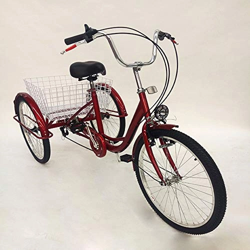 Comfort Bike : MINUS ONE 24" 6 Speed Adult 3 Wheel Tricycle, Adult Bicycle Cycling Pedal Bike with White Basket for Outdoor Sports Shopping Adjustable (Red with light)